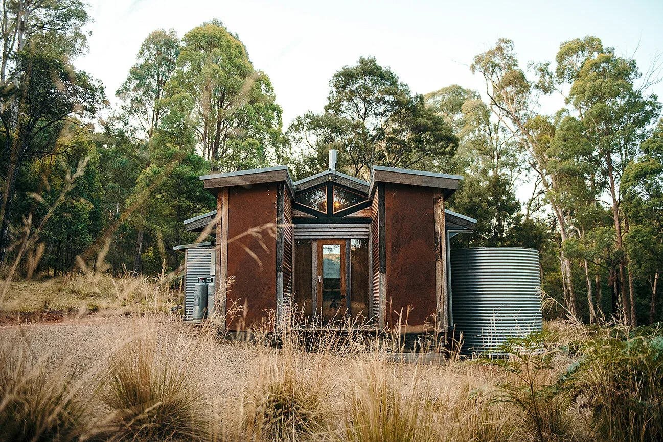 The angular timber form of Sawyer’s Eco Lodge.